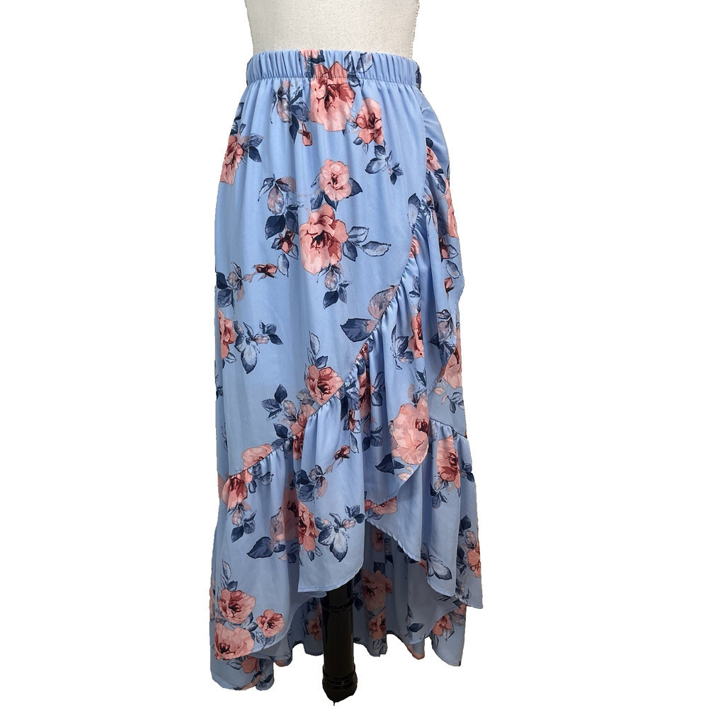 Miami Skirt size Small Blue Pink Roses Floral Ruffles Long High Low Wedding